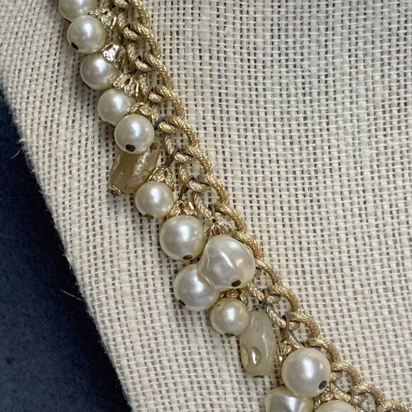 Retro Chunky Statement Necklace 14 In Textured Gold Chain Pearl Organic Round - Picture 3 of 6